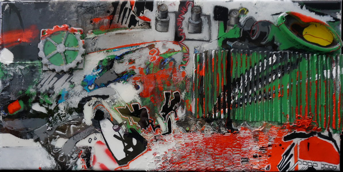 Generator - Art work in mixed media on canvas with resin coating by Kirsten Mortimer